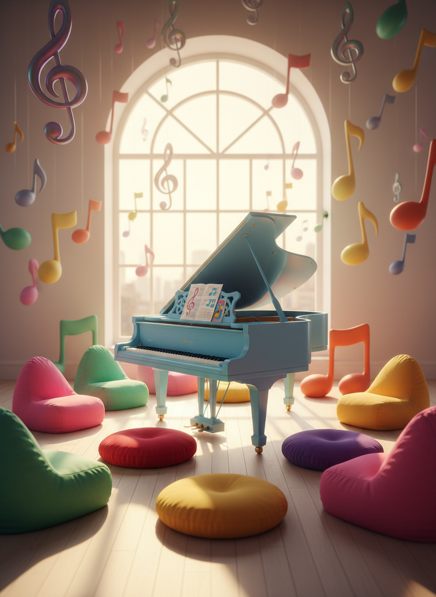 A whimsical music room filled only with objects, no people, centered on a polished baby grand piano in glossy sky-blue lacquer with rounded edges and playful curves. Colorful sheet music with oversized, cartoon-like notes is fanned across the lid. Around it, bright, plush beanbag chairs shaped like music notes and soft, round floor cushions in vivid reds, yellows, and purples form a loose circle. Sunlight from a large arched window washes the scene in a warm, late-afternoon glow, casting gentle, rounded shadows. Shot at eye level in photographic realism with a wide lens, the composition is energetic and inviting, with a shallow depth of field softly blurring a background of floating balloon-like musical symbols suspended from the ceiling.